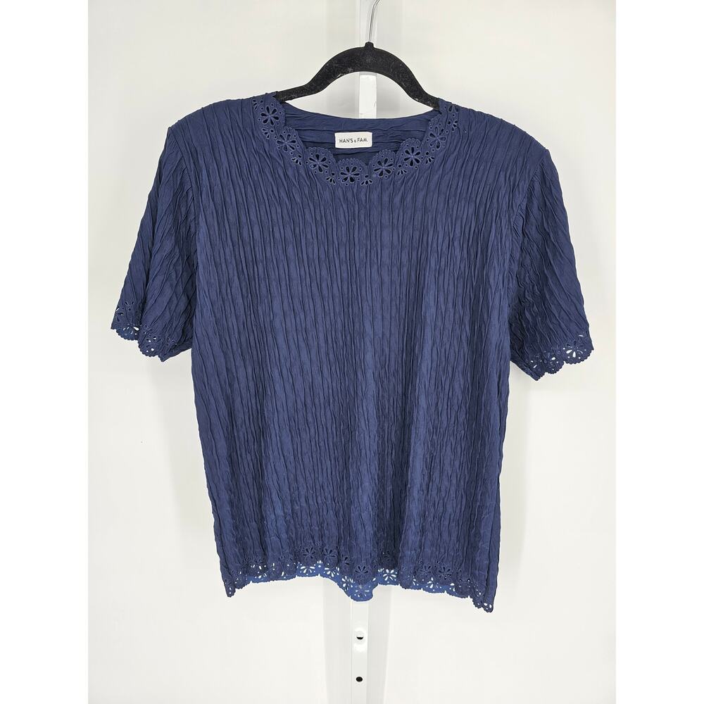 Han's & Fam Women's Blue Short Sleeve Embroidered Neckline Crimp Top Size L